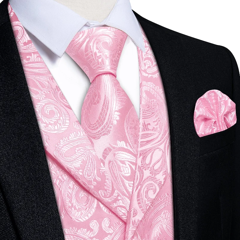 silk ties for interviews-DiBanGu Nadeshiko Pink Paisley Notched Collar Silk Mens Vest Tie Set