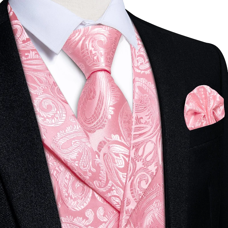 silk ties with designs-DiBanGu Nadeshiko Pink Paisley Notched Collar Silk Mens Vest Tie Set