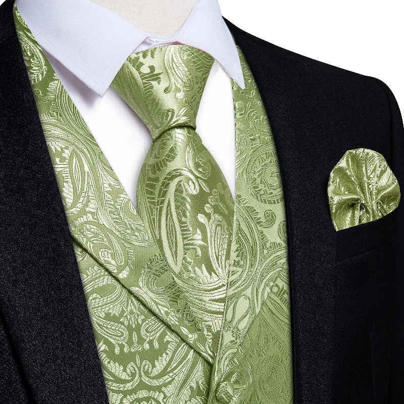 high-quality business neckties-DiBanGu Sage Green Paisley Notched Collar Silk Mens Vest Tie Set