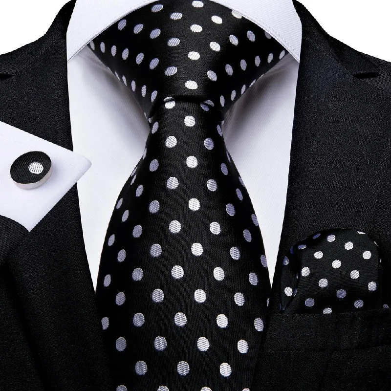 stylish silk tie sets-DiBanGu Silk Tie Black White Polka Dot Tie Handkerchief Cufflinks Set Business Necktie