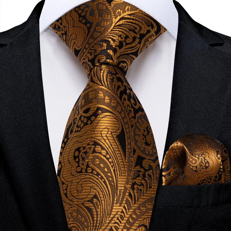 men's wedding party neckties-DiBanGu Silk Tie Copper Brown Floral Silk Mens Work Dress Tie Pocket Square Cufflinks Set