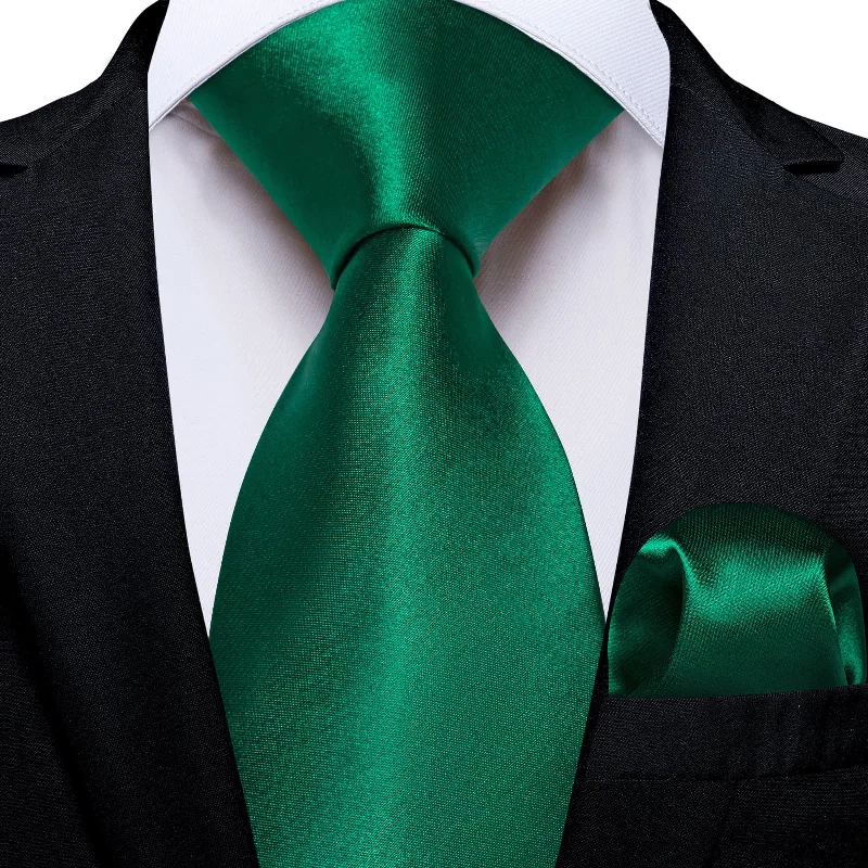 stylish ties for weddings-DiBanGu Silk Tie Emerald Green Solid Mens Formal Business Tie Handkerchief Cufflinks Set