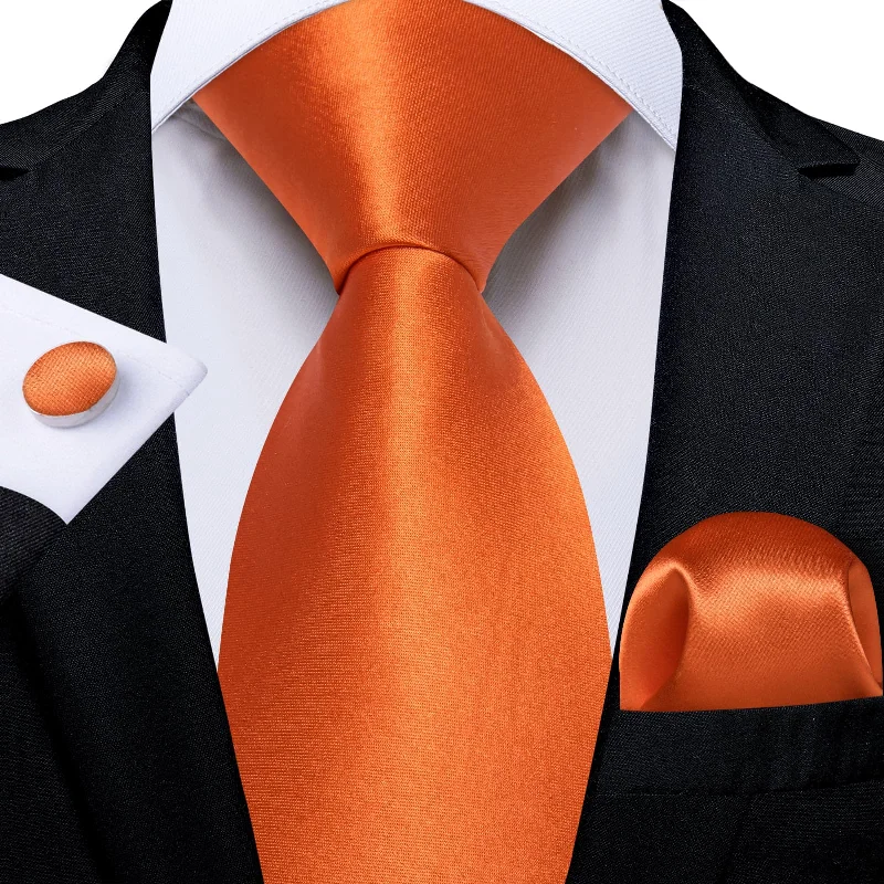 elegant silk ties-DiBanGu Silk Tie Shining Hot Orange Solid Mens Formal Dress Tie Handkerchief Cufflinks Set