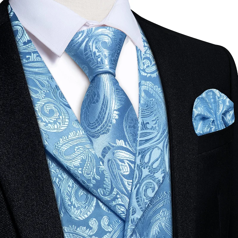 men's tie essentials-DiBanGu Sky Blue Paisley Notched Collar Silk Mens Vest Tie Set