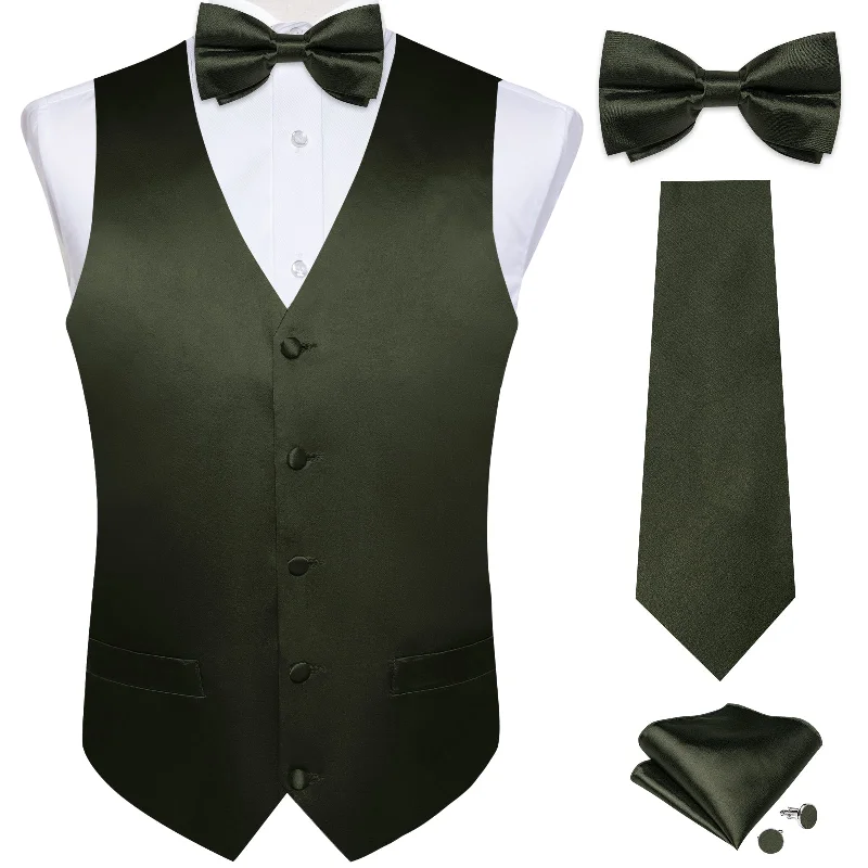 professional tie accessories-DiBanGu Sleeveless Vest For Men Dark Green Solid Jacquard Silk Waistcoat Vest Necktie Bowtie Set