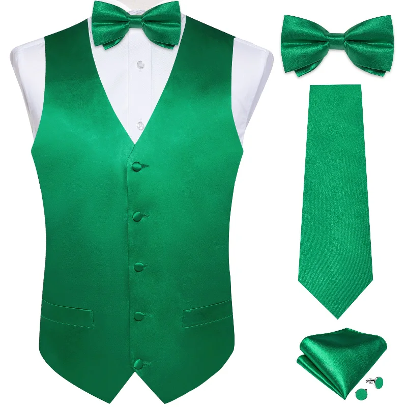 modern patterned ties-DiBanGu Sleeveless Vest For Men Green Solid Jacquard Silk Waistcoat Vest Necktie Bowtie Handkerchief Cufflinks Set