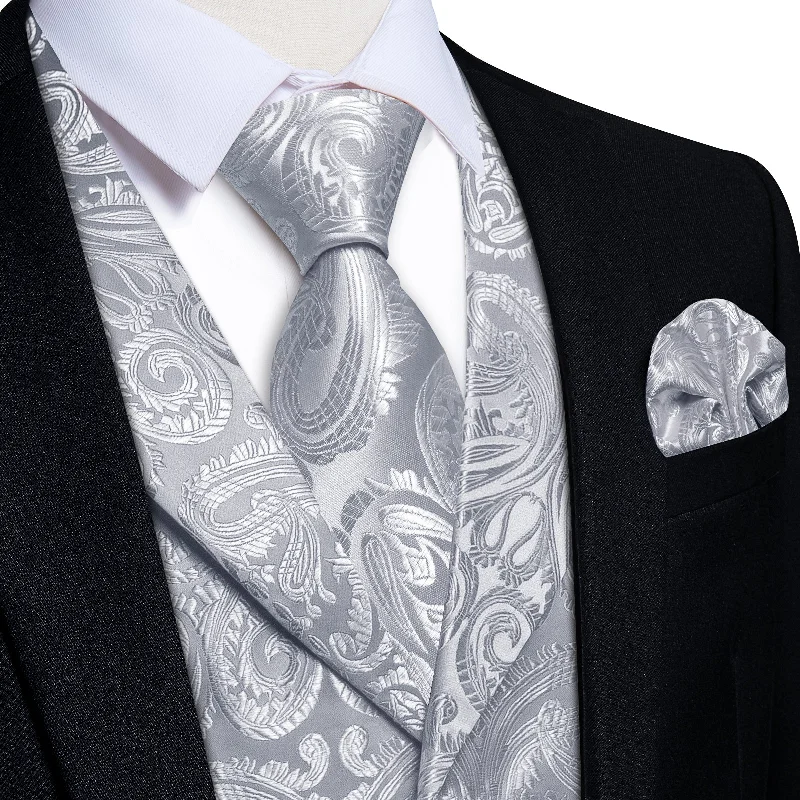 unique color ties for men-DiBanGu Smoke Grey Paisley Notched Collar Silk Mens Vest Tie Set