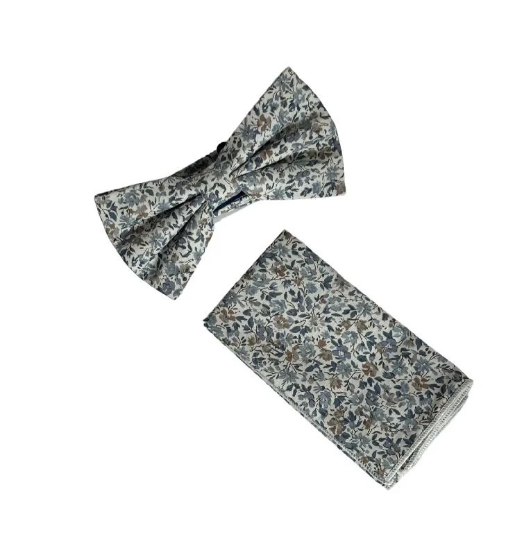 men's business silk ties-dusky blue English wildflower wedding design cotton bow tie and matching pocket square