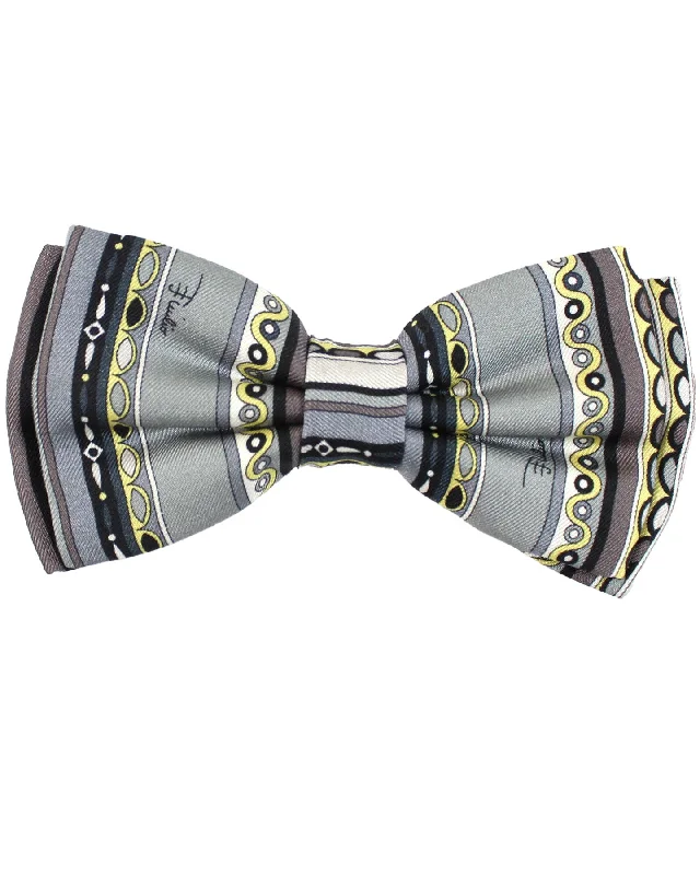 trendy silk bow ties-Emilio Pucci Silk Bow Tie Gray Geometric Design Pre-Tied