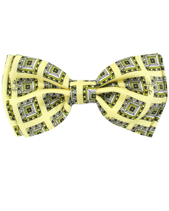 silk ties for business meetings-Emilio Pucci Silk Bow Tie Yellow Olive Gray Medallions - Made In Italy