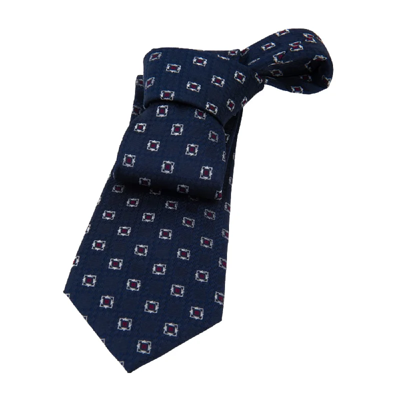 blue silk neckties for men-Florence Foulard Silk Tie, Navy / Red / Silver