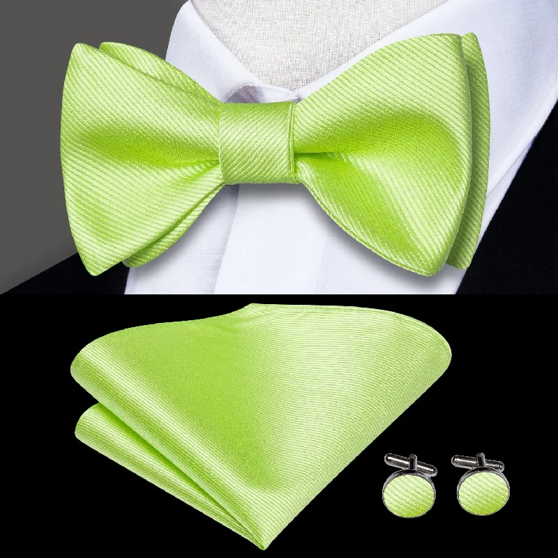 solid color neckties-Fluorescence Green Striped Self-tied Bow Tie Pocket Square Cufflinks Set