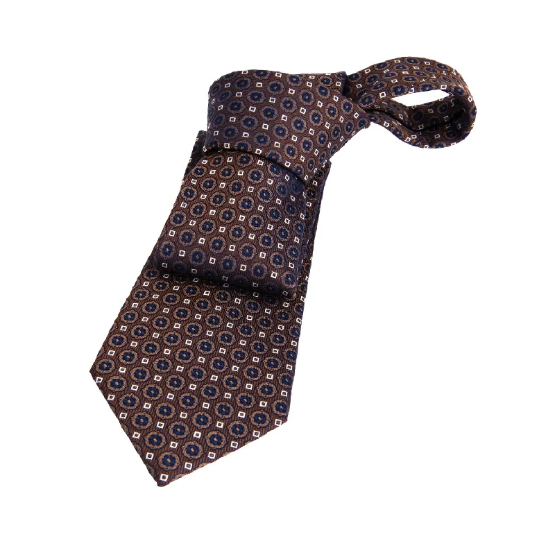 office bow ties-Georgetown Foulard Silk Tie, Brownish Gold / Navy / Silver