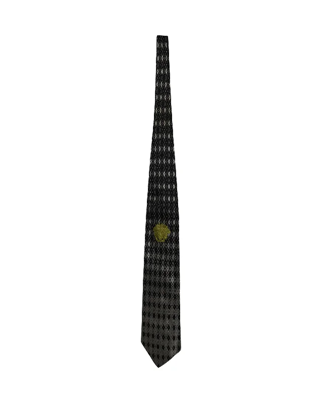 classic wedding necktie options-Gianni Versace Geometric Printed Tie in Black and Silver Silk