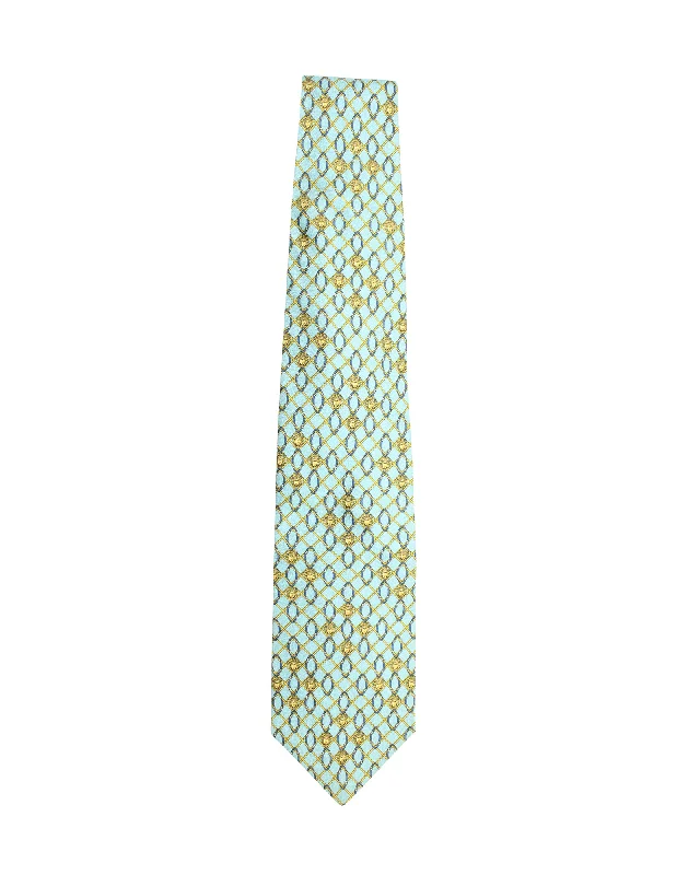 classic men's ties-Gianni Versace Printed Tie in Light Blue Silk