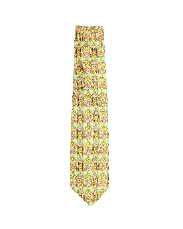 luxury office neckties-Gianni Versace Printed Tie in Teal Silk