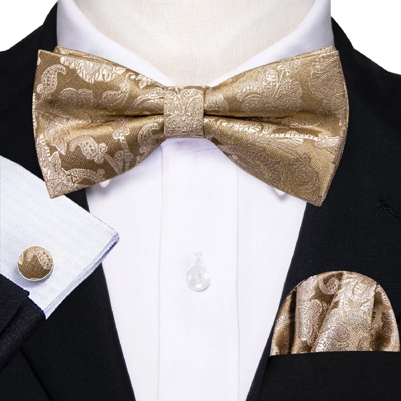 unique bow ties for men-Gold Paisley Pre-tied Bow Tie Hanky Cufflinks Set