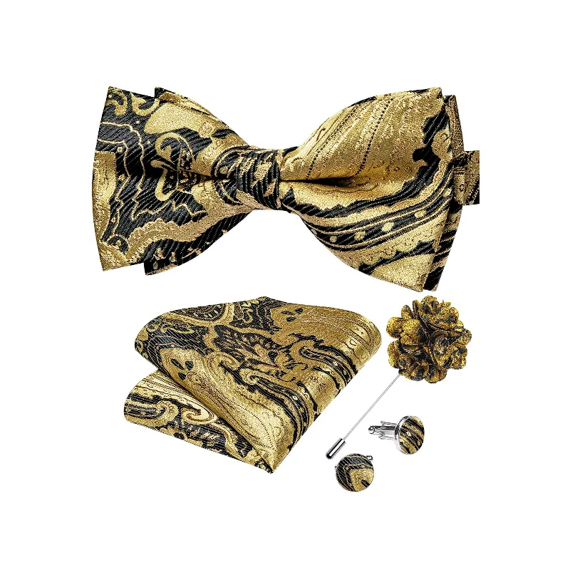 wedding guest ties-Golden Black Paisley Men's Pre-tied Bowtie Pocket Square Cufflinks Set with Lapel Pin