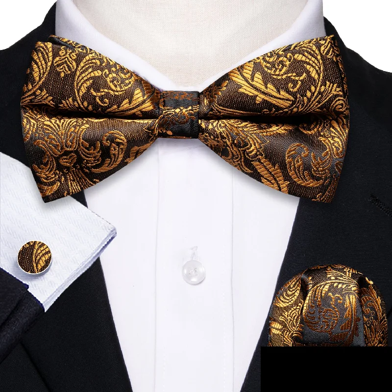 stylish wedding necktie sets-Golden Brown Paisley Pre-tied Silk Bow Tie Pocket Square Cufflinks Set