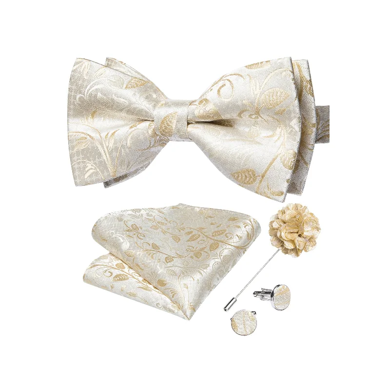 best men's neckties for interviews-Gorgeous Beige Floral Silk Pre-tied Bow Tie Hanky Cufflinks Set with Lapel Pin