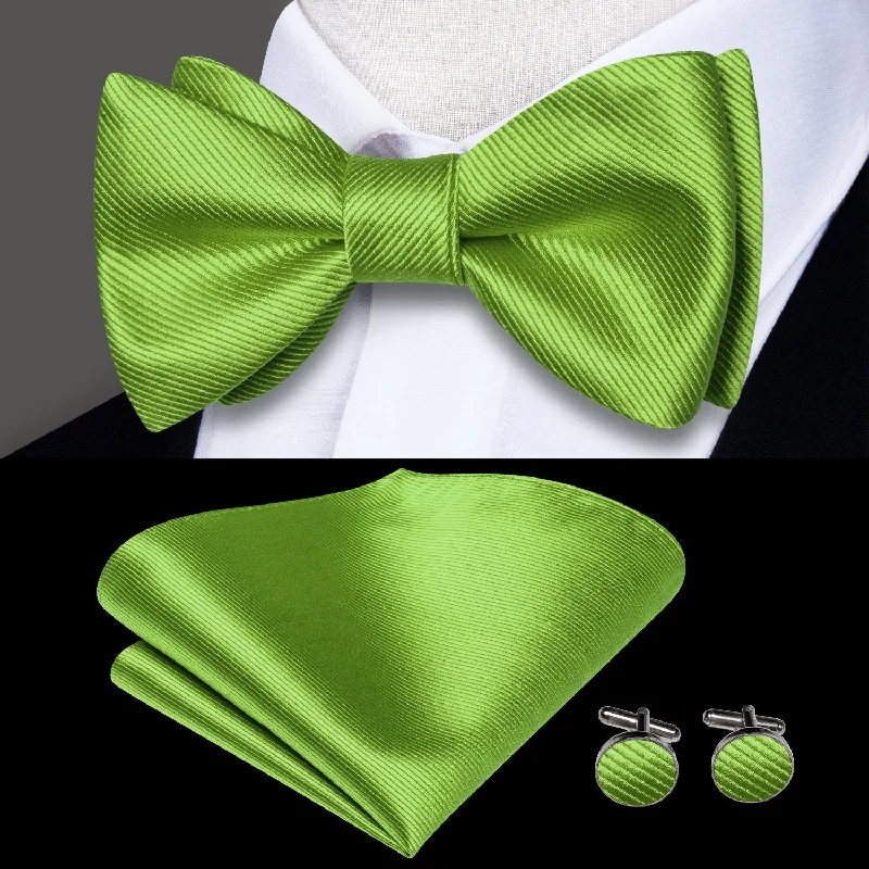 business casual neckties-Grass Green Striped Self-tied Bow Tie Pocket Square Cufflinks Set