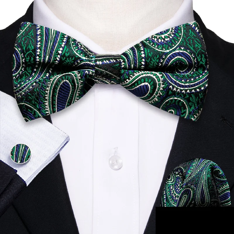 silk neckties with unique designs-Green Blue Paisley Pre-tied Bow Tie Pocket Square Cufflinks Set