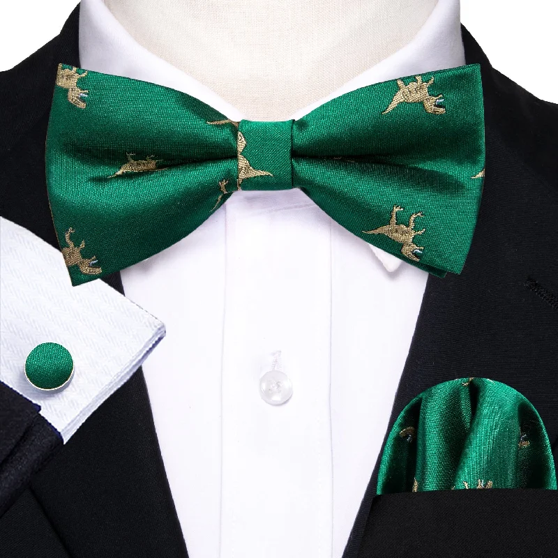 stylish work ties-Green Dinosaur Pre-tied Bow Tie Hanky Cufflinks Set