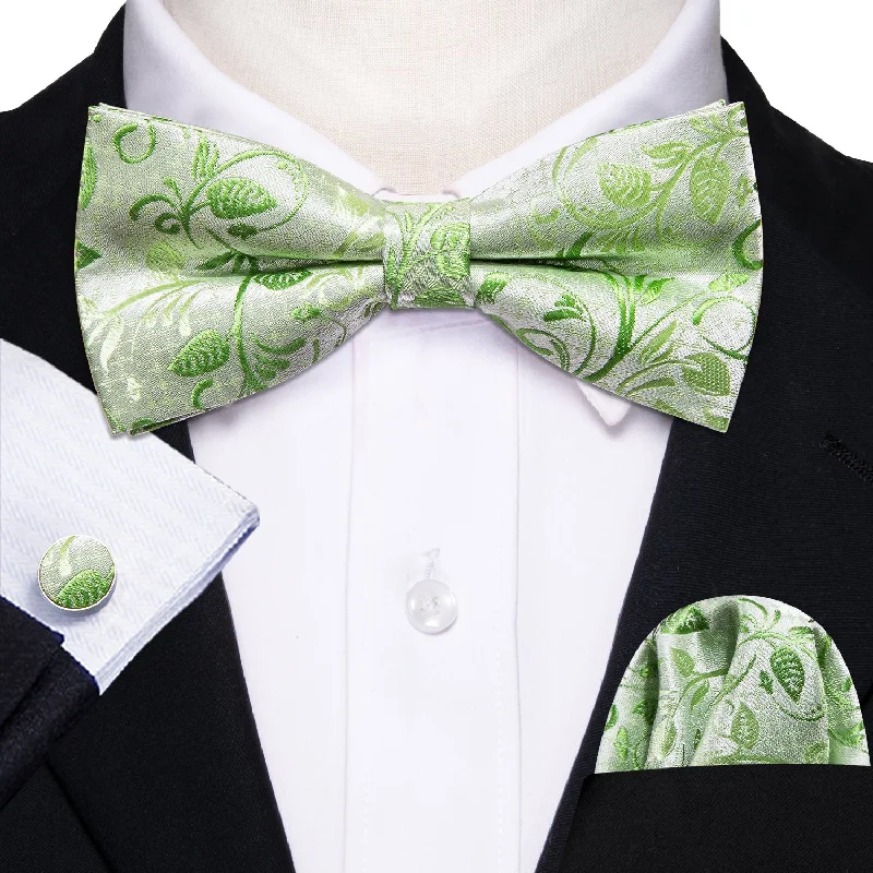 trendy ties for office wear-Green Floral Pre-tied Bow Tie Hanky Cufflinks Set