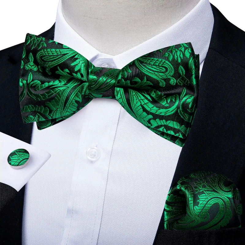 fashionable necktie designs-Green Floral Silk Pre-tied Bow Tie Hanky Cufflinks Set