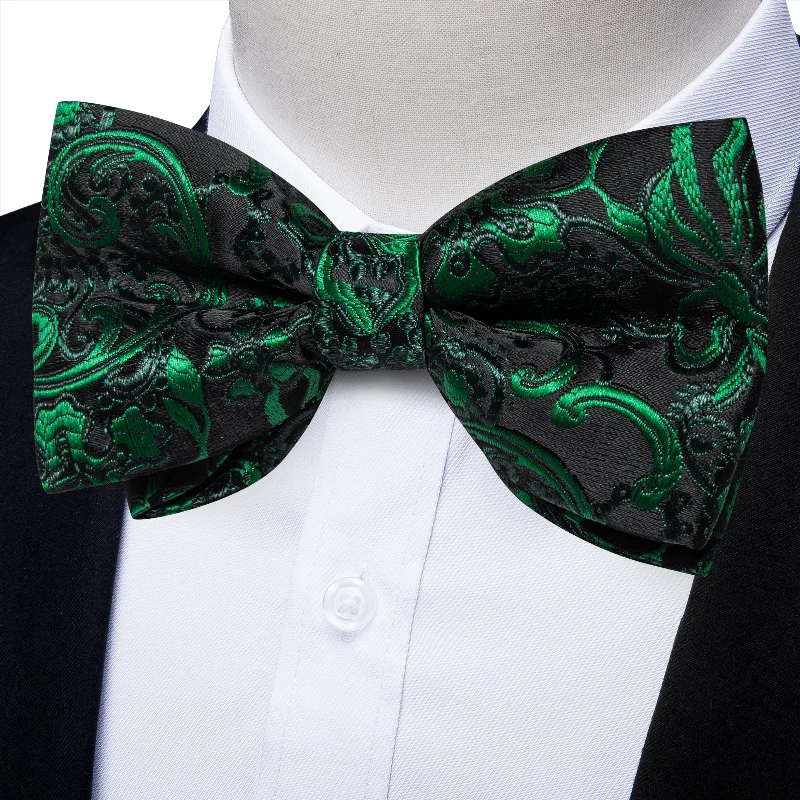 tie bundles for men-Green Floral Silk Men's Pre-Bowtie Pocket Square Cufflinks Set