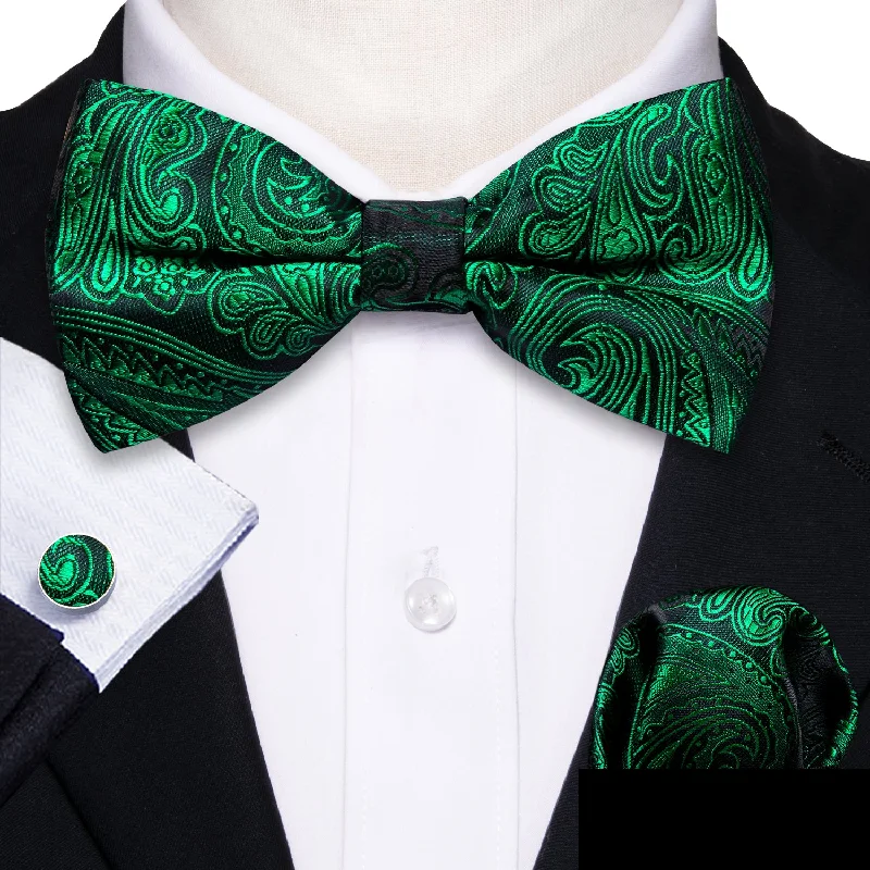 designer bow ties for men-Green Paisley Men's Pre-tied Bowtie Pocket Square Cufflinks Set