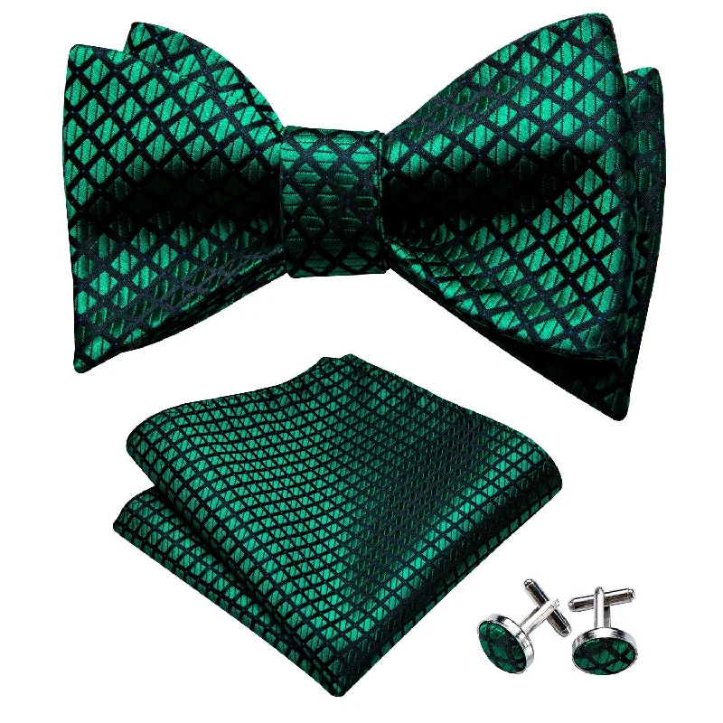 colorful business ties-Green Plaid Self-tied Bow Tie Hanky Cufflinks Set