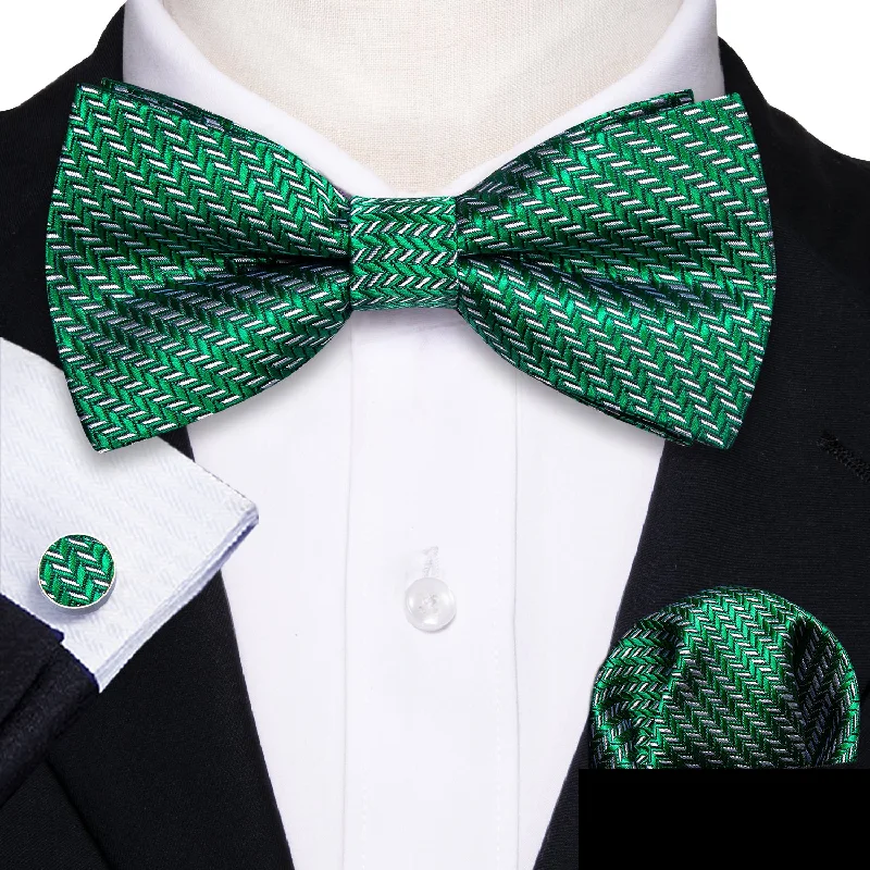 affordable business neckties-Green Striped Men's Pre-tied Bowtie Pocket Square Cufflinks Set