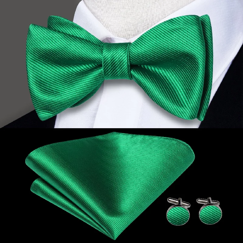 trendy ties for office wear-Green Striped Self-tied Bow Tie Pocket Square Cufflinks Set