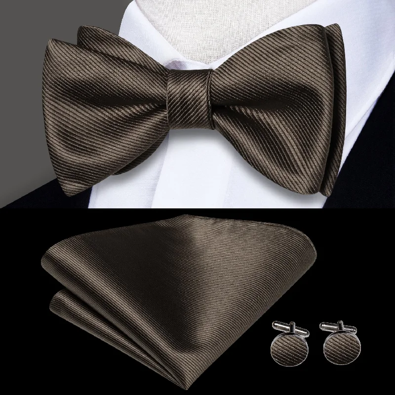 fun wedding neckties-Grey Brown Striped Self-tied Bow Tie Pocket Square Cufflinks Set