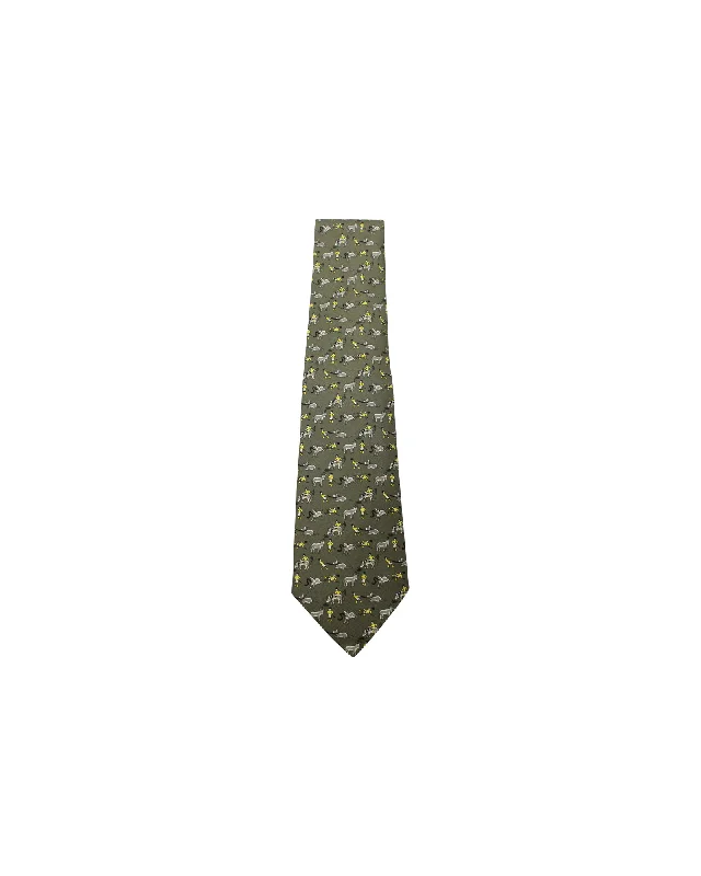 cotton neckties-Hermes Printed Necktie in Olive Silk