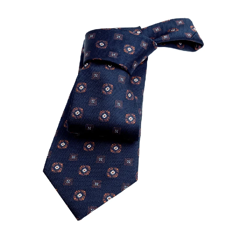 casual work ties-Hunter Foulard Silk Tie, Navy / Orange / White