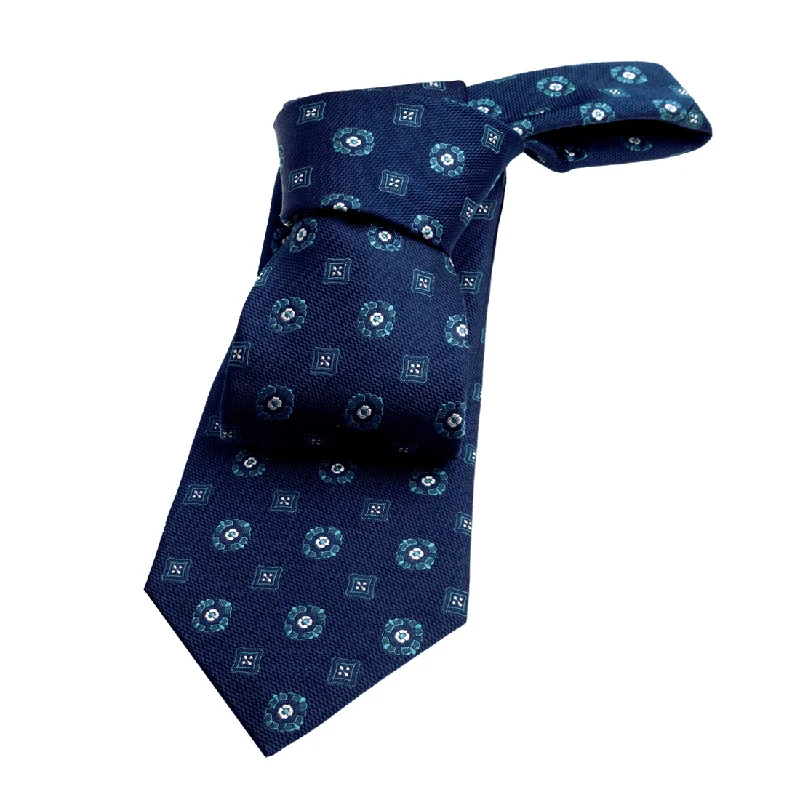 smooth finish neckties-Hunter Foulard Silk Tie, Navy / Turquoise / White