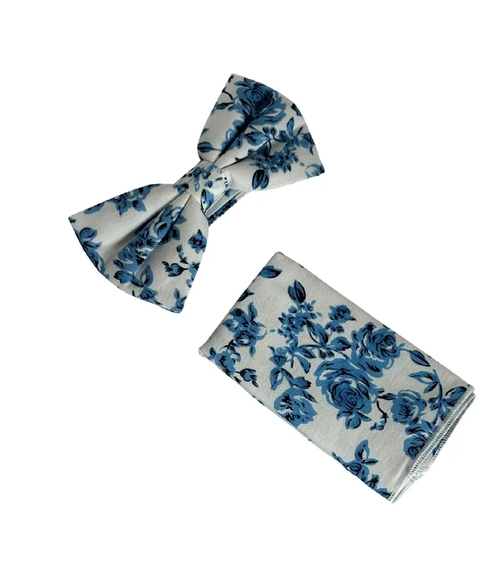 floral ties for weddings-ivory cotton bow tie with blue rose design and matching pocket square