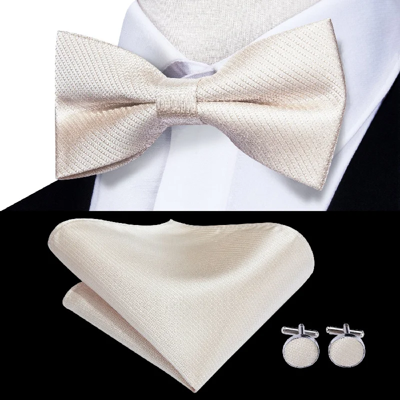 necktie packs for men-Ivory Plain Striped Pre-tied Bow Tie Hanky Cufflinks Set