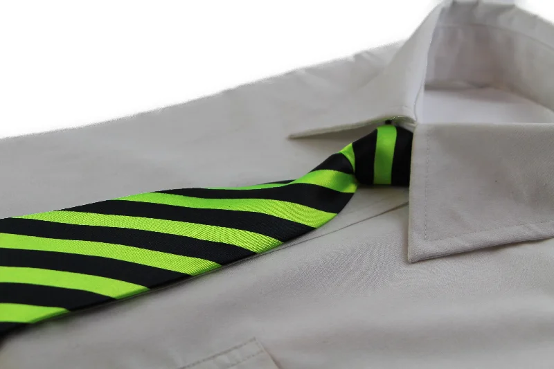 cool tie designs for men-Kids Boys Fluro Green & Black Diagonal Patterned Elastic Neck Tie