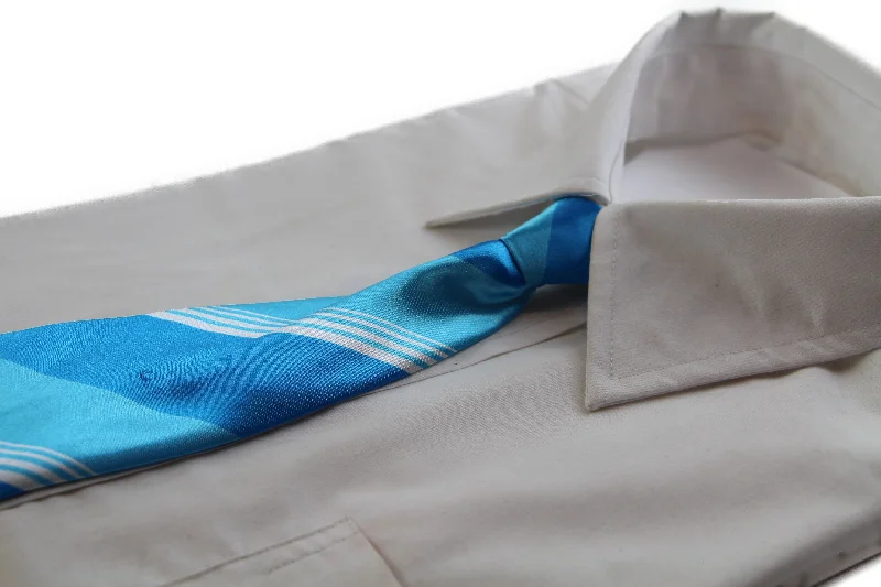 floral ties for weddings-Kids Boys Sky Blue & White Diagonal Patterned Elastic Neck Tie