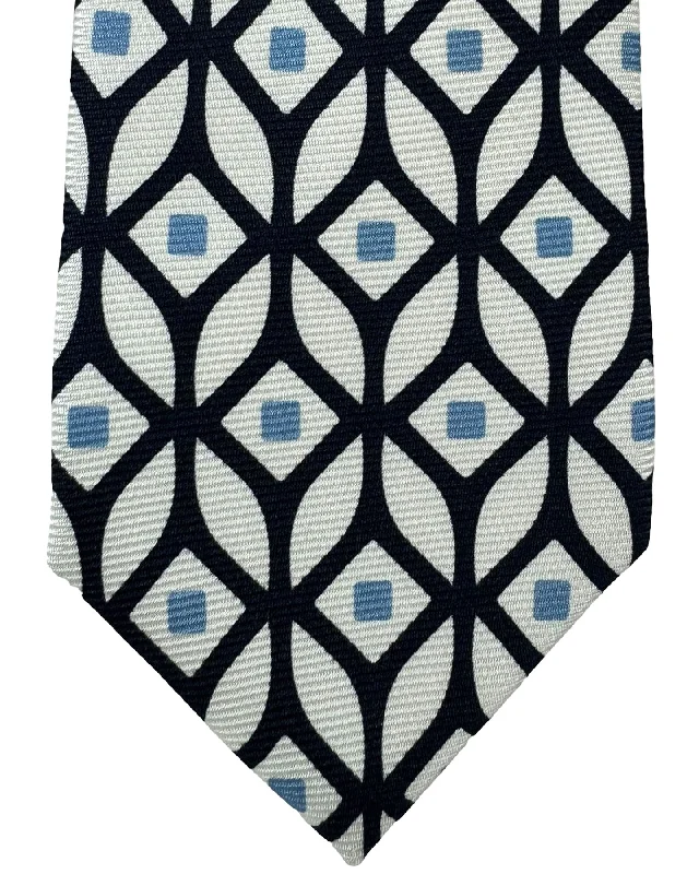 men's ties for church-Kiton Tie White Black Blue Geometric - Sevenfold Necktie SALE