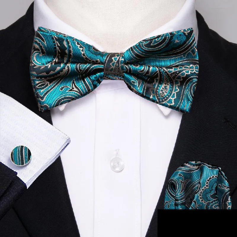 elegant patterned ties-Lake Blue Black Paisley Men's Pre-tied Bowtie Pocket Square Cufflinks Set