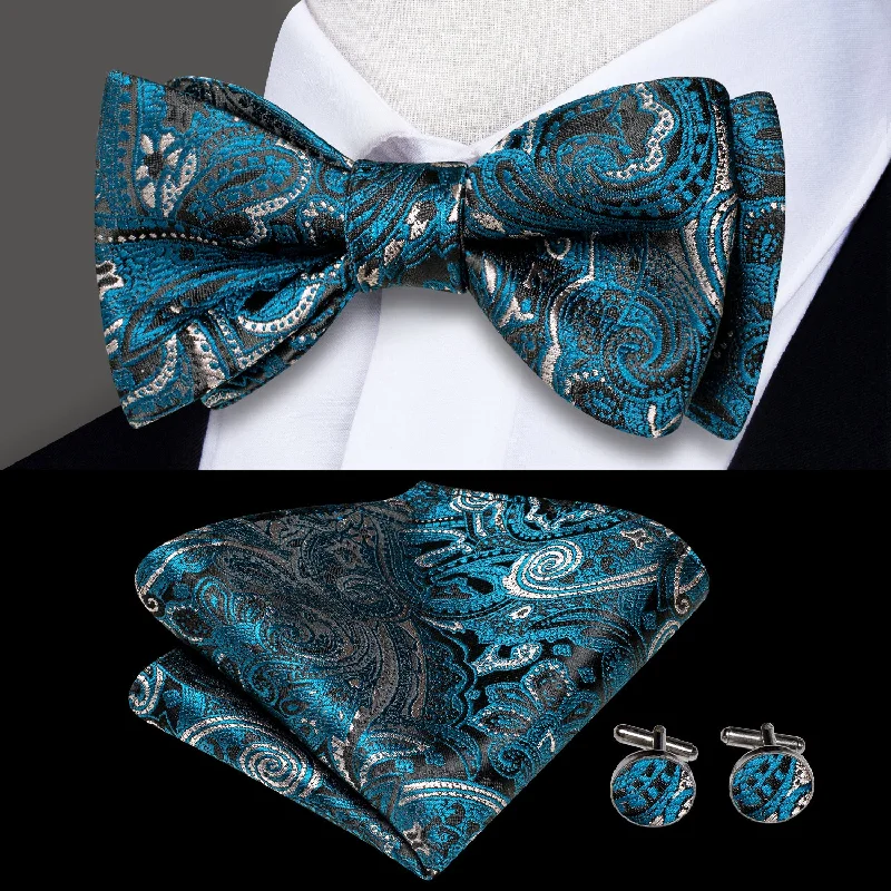 best wedding tie colors-Lake Blue Paisley Self-tied Bow Tie Pocket Square Cufflinks Set