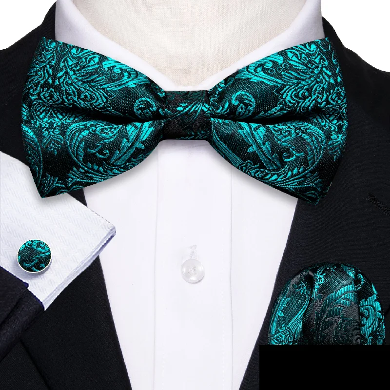 designer necktie sets-Lake Green Paisley Pre-tied Silk Bow Tie Pocket Square Cufflinks Set