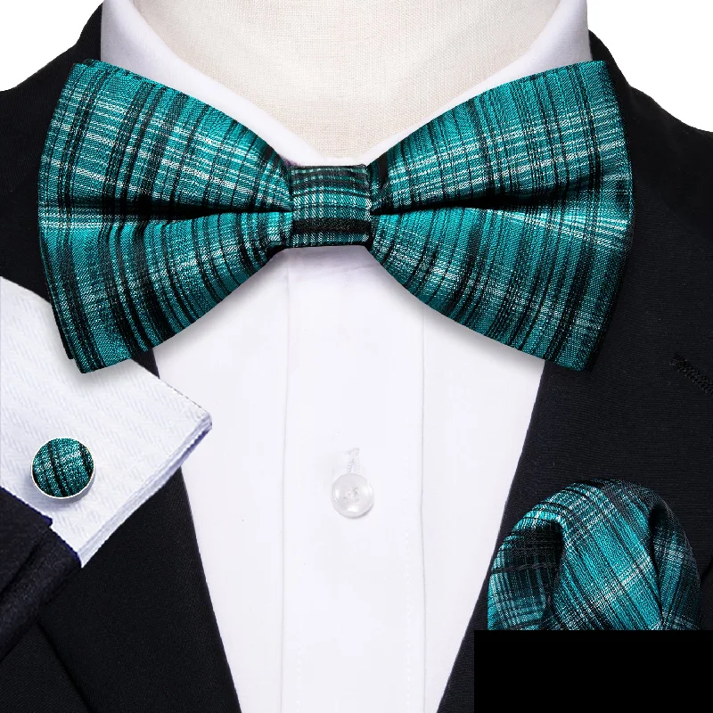 business event neckties-Lake Green Plaid Pre-tied Silk Bow Tie Pocket Square Cufflinks Set