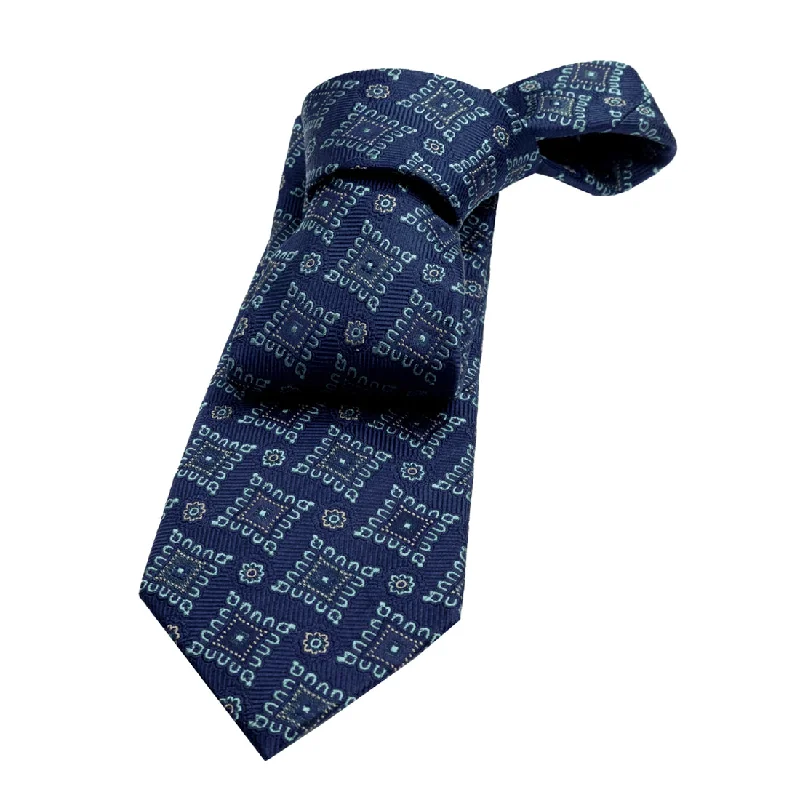 professional designer neckties-Lexington Foulard Silk Tie, Navy / Turquoise / White