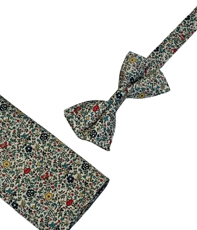 fun print neckties-liberty style ditsy floral english wildflower design adult bow tie and matching pocket square