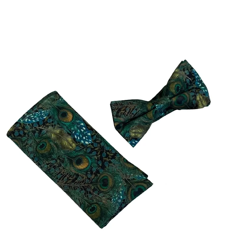 lightweight silk ties-Liberty style peacock feather design adult bow tie and matching pocket square